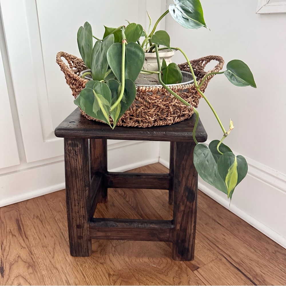 Vintage Primitive Small Stool Wooden Dark stain Rustic Earthy Decor Plant Stand
